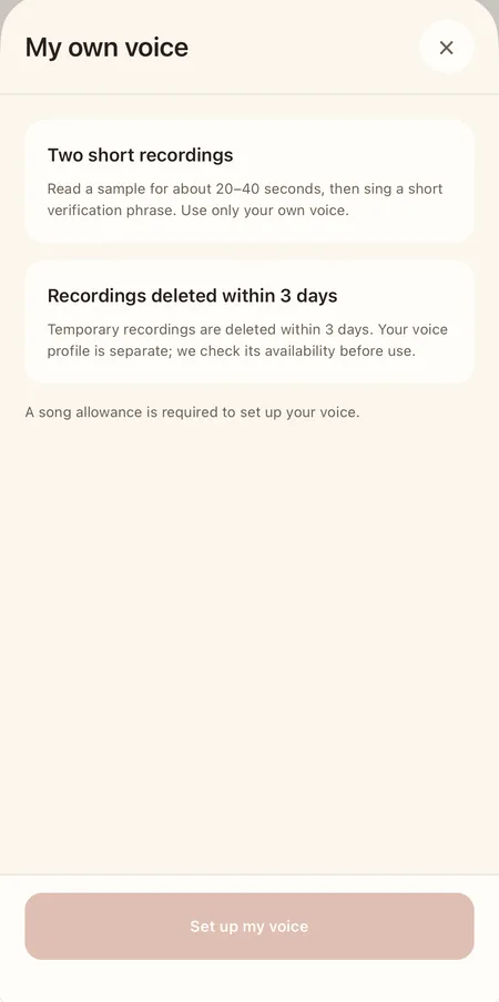 Cantio's My own voice screen: two short recordings, deleted within three days